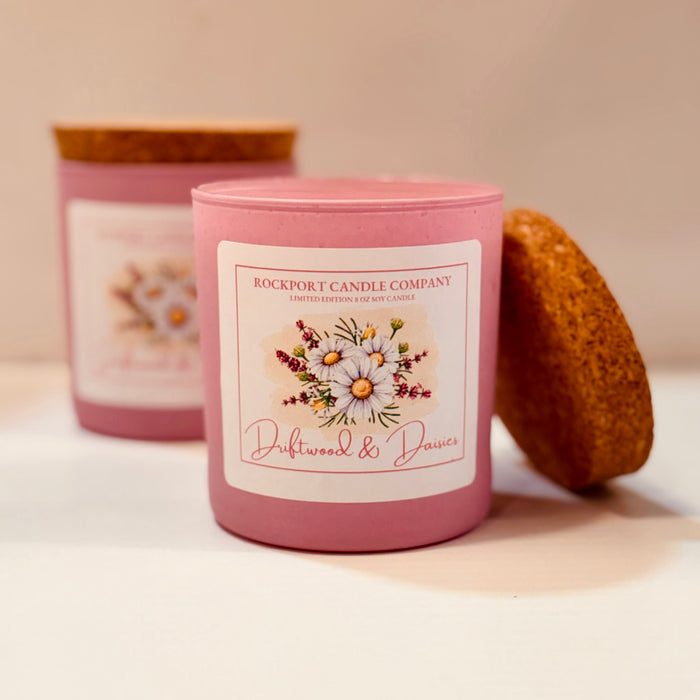 Pink matte jar with watercolor-style label and cork lid