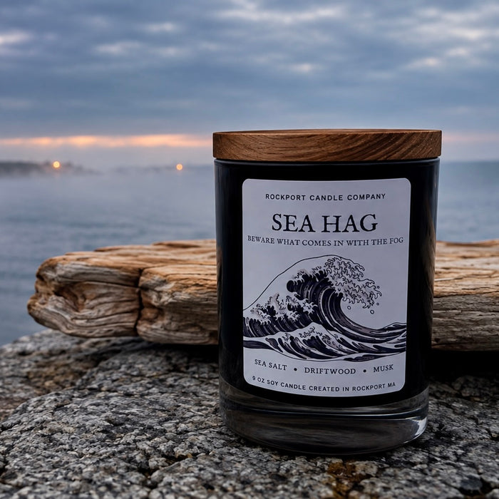 Sea Hag candle by Rockport Candle Company with ocean and fog in the background